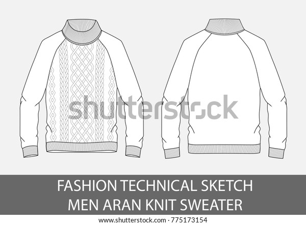 Fashion technical sketch men knit aran\
single-breasted sweater in vector\
graphic
