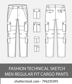 Fashion Technical Sketch Men Regular Fit Cargo Pants With 4 Patch Pockets In Vector Graphic