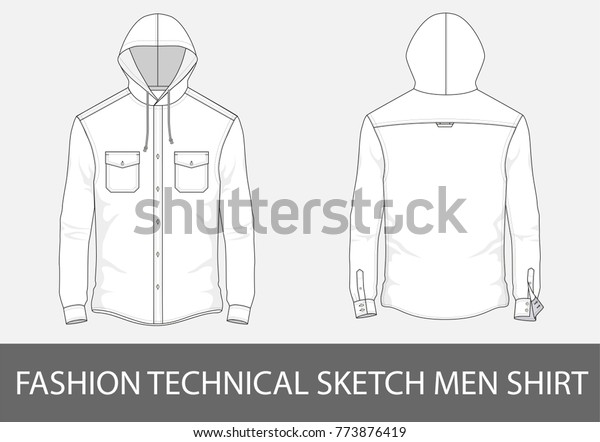 Fashion technical sketch men\
shirt with long sleeves, hood  and patch pockets in vector\
graphic