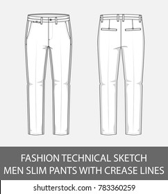 Fashion technical sketch men slim pants with crease lines in vector graphic