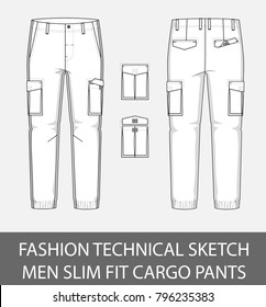 Fashion technical sketch men slim fit cargo pants with 2 patch pockets in vector graphic