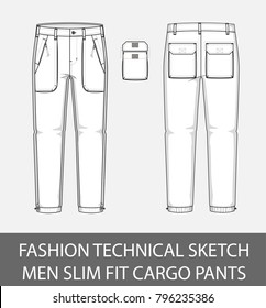 Fashion technical sketch men slim fit cargo pants with 2 patch pockets in vector graphic