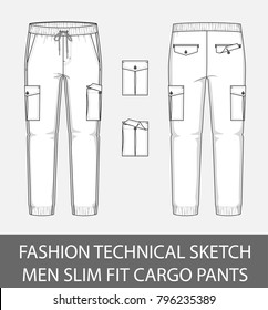 Fashion technical sketch men slim fit cargo pants with 2 patch pockets in vector graphic