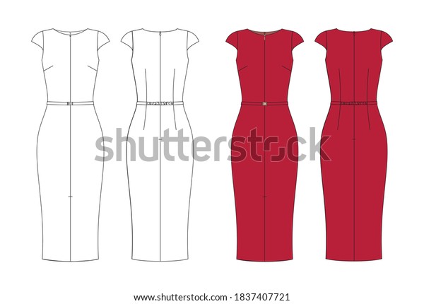Fashion technical sketch of pencil dress in\
vector graphic.\
Fashion illustration.\
Woman dress.Clothes flat\
sketch vector. Scheme front and back, fashion design\
Technical\
drawing vector\
