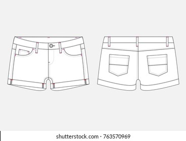 Fashion technical sketch of woman Denim Shorts in vector graphic