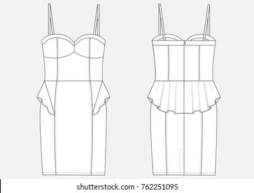 Fashion technical sketch of women middle dress in vector.