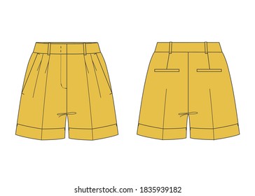 Fashion technical sketch of women shorts with folds in vector graphic. Women shorts.Clothes flat sketch vector. Fashion illustration. Scheme front and back, fashion design