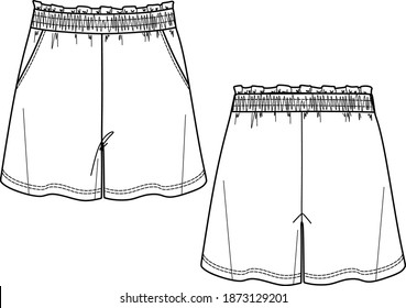 Fashion technical sketch of women shorts with pockets in vector graphic. Women shorts with elasticized waist flat, sketch. Fashion illustration. Jersey or woven fabric short, front, back view, white