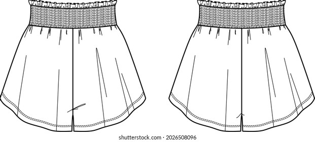 Esbozo técnico de moda de pantalones cortos mujeres con cintura ahumada en vector. Pantalones cortos de mujeres con cintura elasticizada plana, boceto, ilustración de moda. Tejidos de Jersey o tejidos cortos, frontales, retrospectivos, de color blanco