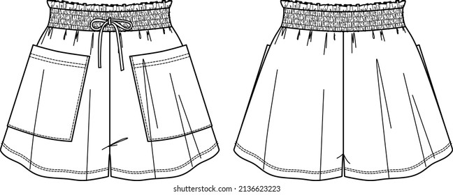 Esbozo técnico de moda de cortos de mujeres con bolsillos en gráficos vectoriales. Pantalones cortos de mujeres con cintura elasticizada plana, boceto, ilustración de moda. Tejidos de Jersey o tejidos cortos, frontales, traseros, blancos