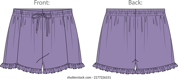 Fashion-technische Skizze von Frauen-Shorts mit Falten in Vektorgrafik. Frauen kurze Hosen mit elastische Taillenflache, Skizze. Modegrafik. Jersey oder Gewebe, kurz, vorne, hinten, weiß