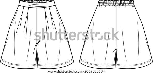 Fashion technical sketch of women shorts with\
pockets in vector graphic. Women bermuda with elasticized waist\
flat, sketch, fashion illustration. Jersey or woven fabric short,\
front, back view,\
white