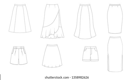 Fashion technical sketch of women  skirt in vector graphic, template collection. Different styles