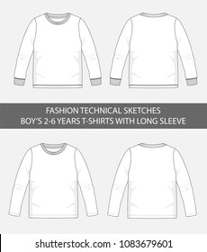 Fashion technical sketches for boys 2-6 years t-shirts with long sleeve in vector graphic