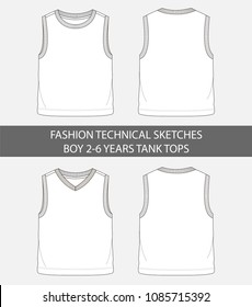 Fashion technical sketches for boys 2-6 years tank tops in vector graphic