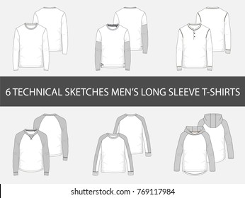 Fashion technical sketches of men's Long Sleeve T-Shirts in vector graphic