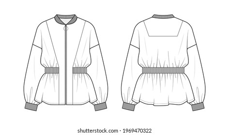 Fashion Technichnical Drawing Of Oversized Sport Jacket With Zip.