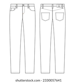 Fashion tecnical sketch of men jeans. Straight fit silhouette, flat, sketch. Denim fabric jeans, front, back view.