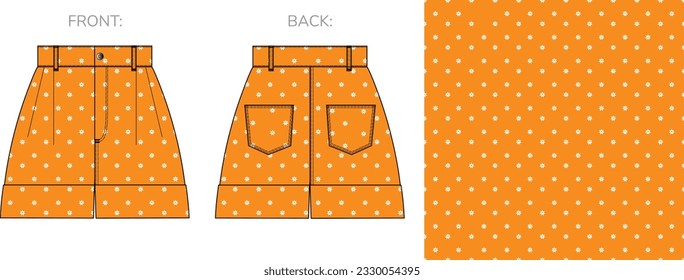 Fashion tecnical sketch of women vintage short with floral seamless pattern. Yellow women's short with high waist, flat, sketch. Denim or cotton fabric short, front, back view.