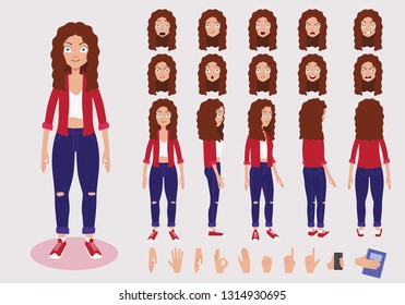 Fashion teenage girl character with various views and face emotions. Front, side, back, 3/4 view animated character. 