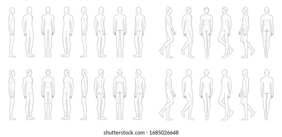 Fashion template 14 men  9 head size for technical drawing and   without main lines  Gentlemen figure front  side  3  4   back view  Vector outline boy for fashion sketching   illustration 