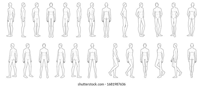 Fashion template of 25 men. 9 head size for technical drawing with main lines. Gentlemen figure front, side, 3-4 and back view. Vector outline boy for fashion sketching and illustration.