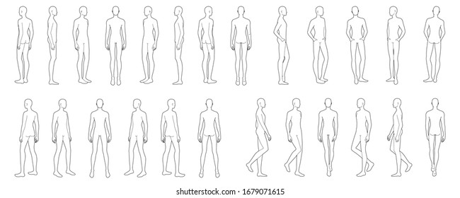 Fashion template of 25 men in different poses. 9 head size for technical drawing. Gentlemen figure front, side, 3-4 and back view. Vector outline boy for fashion sketching and illustration.