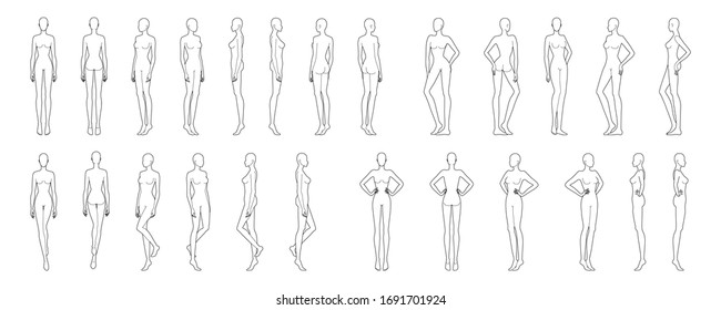 Fashion template 25 women in different poses  9 head size for technical drawing  Lady figure front  side  3  4   back view  Vector outline girl for fashion sketching   illustration 