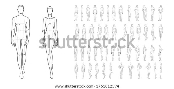 Fashion template of 50 men and women. 9\
head size for technical drawing. Gentlemen and lady figure front,\
side, 3-4 and back view. Vector outline boy and girl for fashion\
sketching and\
illustration.