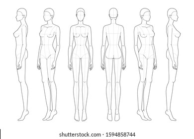 Fashion template 9 head for technical drawing with main lines. Woman's figure front, back, 3/4 and side view. Vector outline girl model template for fashion sketching for fashion illustration.