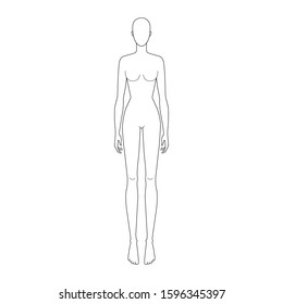 Fashion template 9 head for technical drawing. Woman's figure front view. Vector outline girl model template for fashion sketching and fashion illustration.