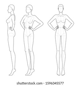 Fashion template 9 head for technical drawing with main lines. Woman's figure front, 3-4 and side view. Vector outline girl model template for fashion sketching and fashion illustration.