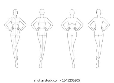 Fashion template 9 head for technical drawing with and no main lines. Woman figure with hands on waist front and back view. Vector outline girl model template for sketching and fashion illustration.