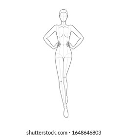Fashion template 9 head for technical drawing with main lines. Woman figure with hands on waist front view. Vector outline girl model template for sketching and fashion illustration.