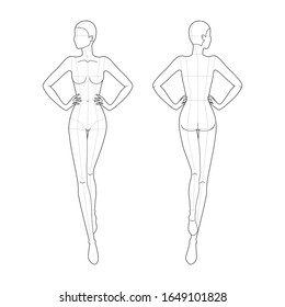 Fashion template 9 head for technical drawing with main lines. Woman figure with hands on waist front and back view. Vector outline girl model template for sketching and fashion illustration.