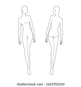 Plantilla de moda 9 cabeza para dibujo técnico. Mujer figura caminando y mirando hacia el frente y hacia atrás. Plantilla de modelo de chica de contorno vectorial para esbozar e ilustrar la moda.