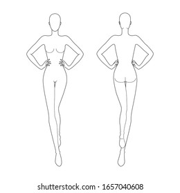 Plantilla de moda 9 cabeza para dibujo técnico con y sin líneas principales. Mujer figura con las manos en la cabeza y en la espalda. Plantilla modelo de chica de esquema vectorial para bocetos y modas