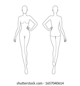 Plantilla de moda 9 cabeza para dibujo técnico. Mujer caminando figura de frente y de atrás. Plantilla de modelo de chica de contorno vectorial para esbozar e ilustrar la moda.