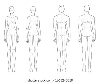 Fashion template men   women  9 head size for technical drawing and main lines  Gentlemen   lady figure front   back view  Vector outline boy   girl for fashion sketching   illustration 