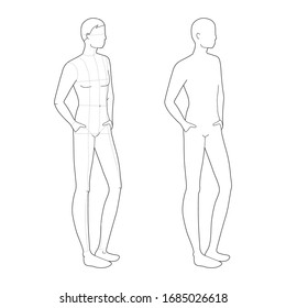 Fashion template of relaxing stand men. 9 head size for technical drawing with and without main lines. Gentlemen figure front view. Vector outline boy for fashion sketching and illustration.