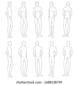 Fashion template of relaxing stand men. 9 head size for technical drawing with and without main lines. Gentlemen figure front, side and back view. Vector boy for fashion sketching and illustration.