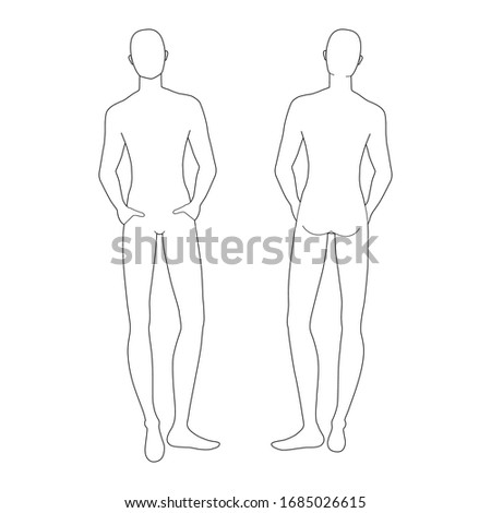 Fashion template of relaxing stand men. 9 head size for technical drawing. Gentlemen figure front and back view. Vector outline boy for fashion sketching and illustration.