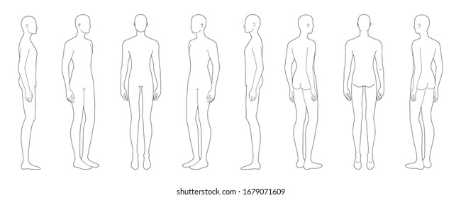 Fashion template standing men in 8 point view  9 head size for technical drawing  Gentlemen figure front  side  3  4   back  Vector outline boy for fashion sketching   illustration 
