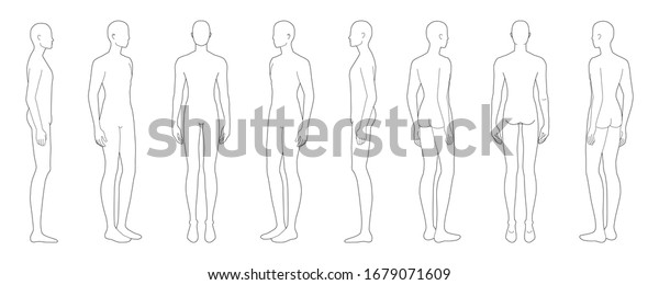 Fashion template of standing men in 8 point\
of view. 9 head size for technical drawing. Gentlemen figure front,\
side, 3-4 and back. Vector outline boy for fashion sketching and\
illustration.