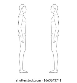 Fashion template of standing men. 9 head size for technical drawing with main lines. Gentlemen figure left and right side view. Vector outline boy for fashion sketching and illustration.