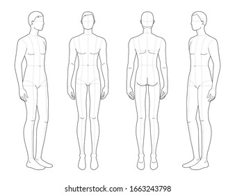 Fashion template of standing men. 9 head size for technical drawing with main lines. Gentlemen figure front, 3-4 and back view. Vector outline boy for fashion sketching and illustration.