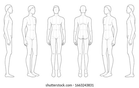 Fashion template of standing men. 9 head size for technical drawing with main lines. Gentlemen figure front, side, 3-4 and back view. Vector outline boy for fashion sketching and illustration.