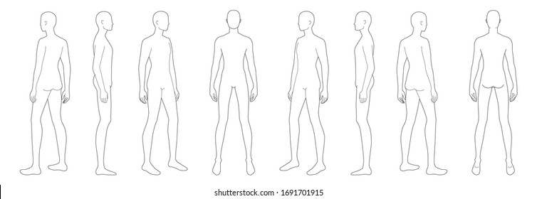 Fashion template of standing men. 9 head size for technical drawing. Gentlemen figure front, side, 3-4 and back view. Vector outline boy for fashion sketching and illustration.