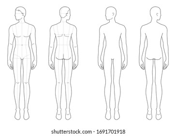 Fashion template of standing men. 9 head size for technical drawing with and without main lines. Gentlemen figure front and back view. Vector outline boy for fashion sketching and illustration.