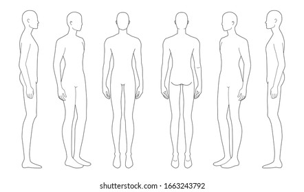 Fashion template standing men in different point view  9 head size for technical drawing  Gentlemen figure front  side  3  4   back view  Vector outline boy for fashion sketching and